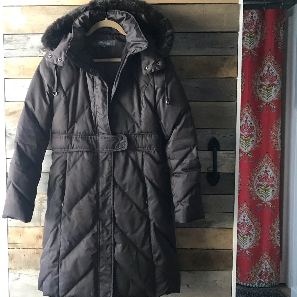Kenneth Cole Reaction down coat w/fur trimmed hood